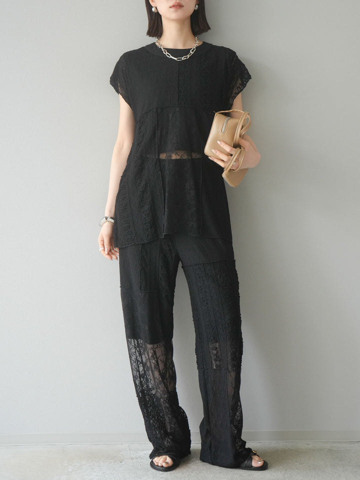 【預購】拼布蕾絲寬褲/黑