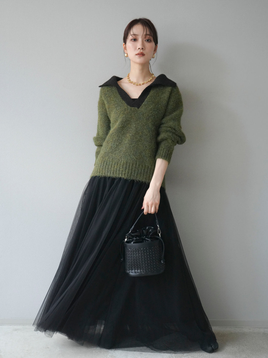 [予約]バイカラー襟付きニットプルオーバー/green