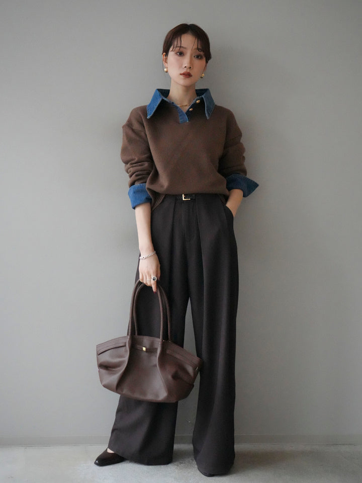 [SET]デニム襟ポロニットプルオーバー+ベルトループデザインワイドパンツ(2set)