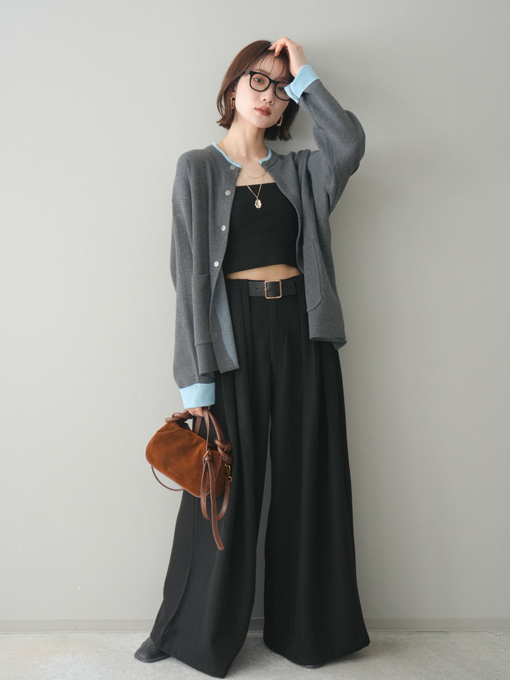 [SET]バイカラーオーバーニットカーディガン+タックベルトループワイドパンツ(2set)