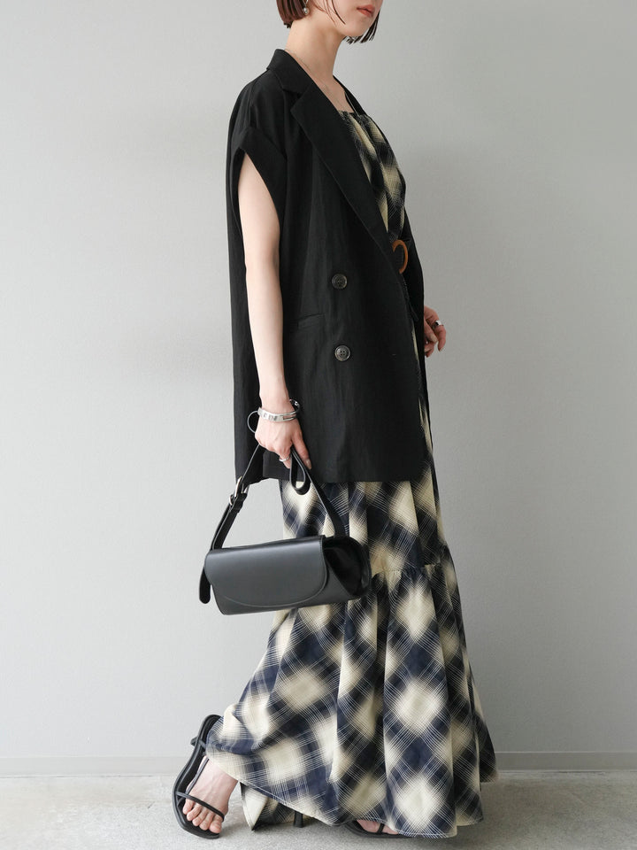 [SET]ベルト付チェックノースリーブワンピース+リネンライクノースリーブダブルジレ(2set)