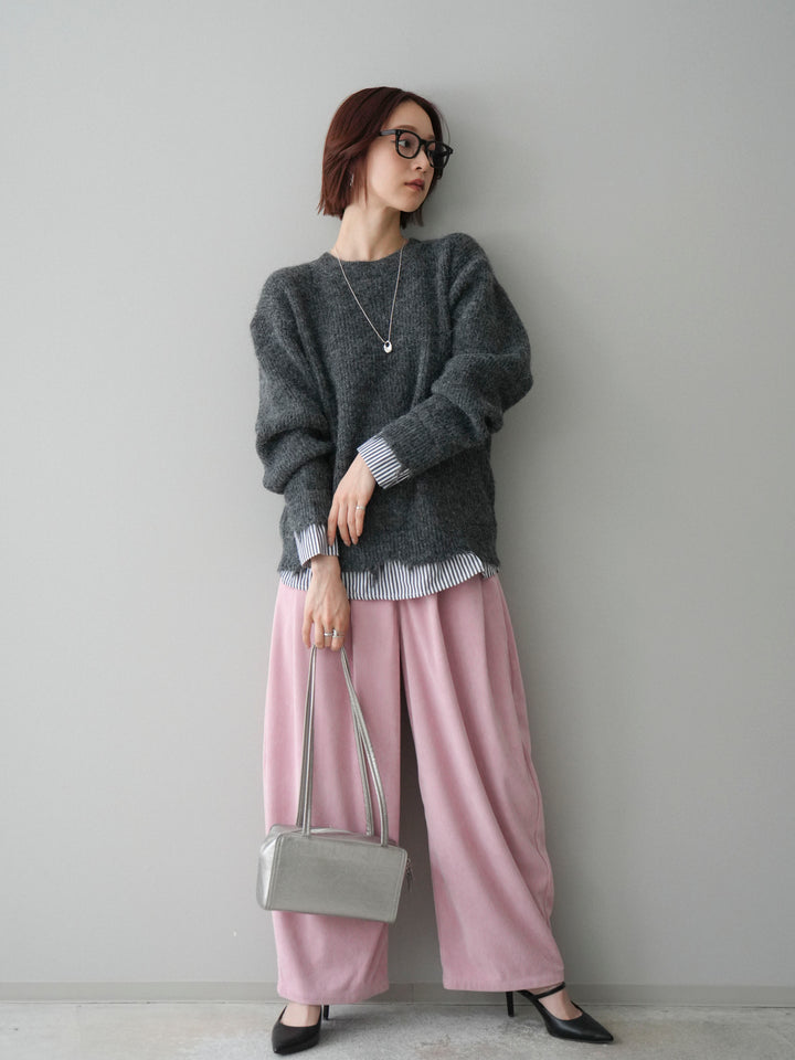 [SET]裾シャツレイヤードダメージニットプルオーバー+コーデュロイサイドタックコクーンパンツ(2set)