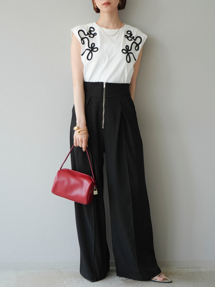 [SET]コード刺繍フレンチスリーブTシャツ+ジップタックワイドパンツ(2set)