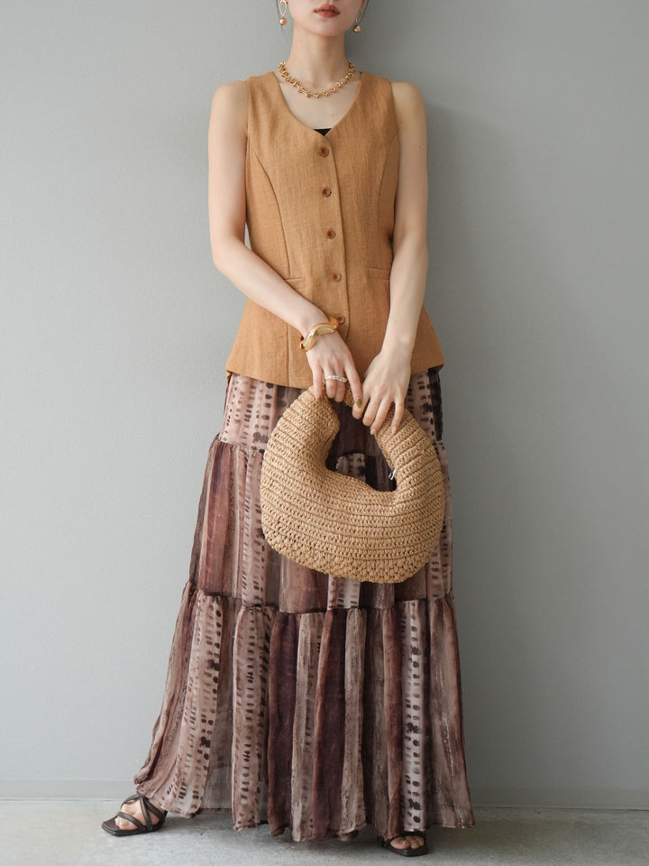 [SET]リネンタッチバックオープンベスト＆ニュアンス柄マキシスカートSET UP(2set)