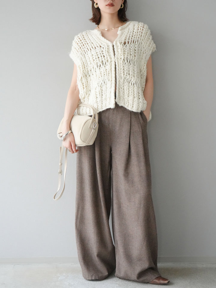 [SET] 手編繩結背心+粗花呢觸感褶皺寬褲（2件組）