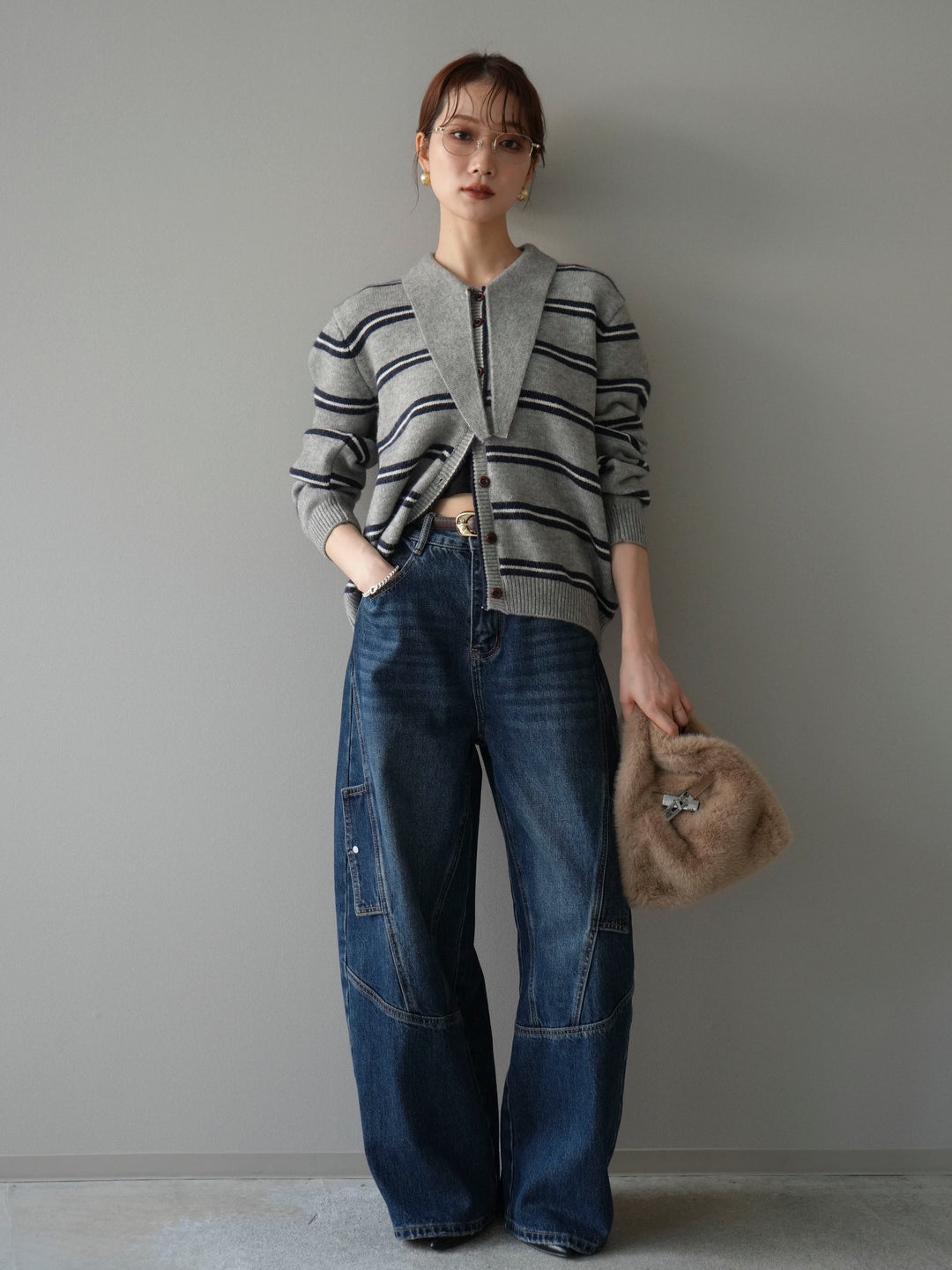 [予約]ボウタイボーダーニットカーディガン/gray