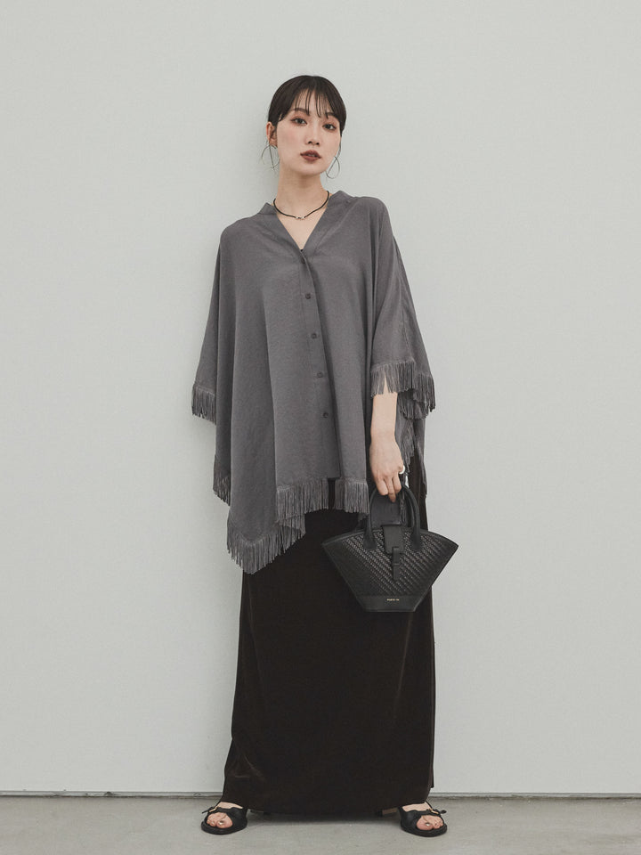 [予約]スクエアフリンジポンチョブラウス/チャコール
