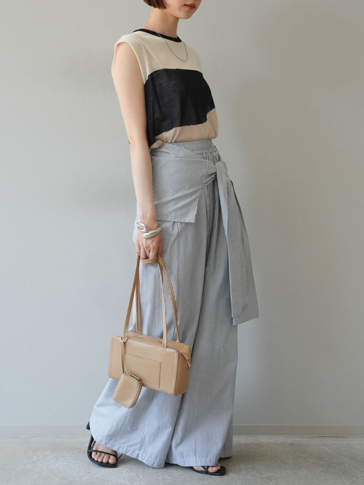 [SET] 雙色透視針織無袖上衣 + 條紋束腰休閒褲 (2set)