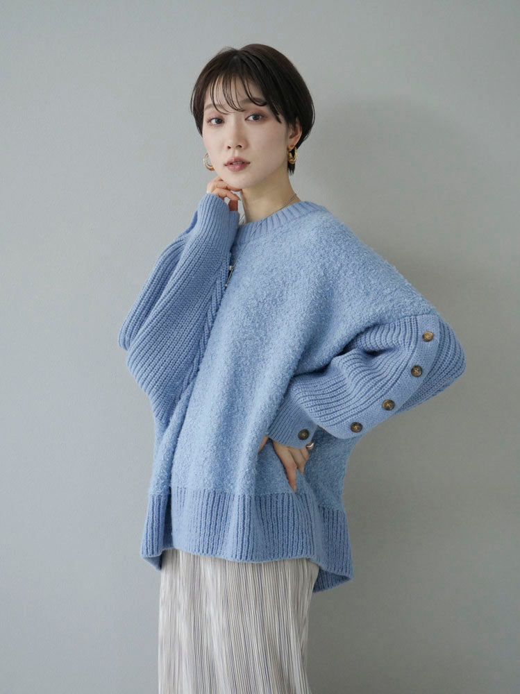 [Pre-order] Sleeve button boucle knit pullover/blue