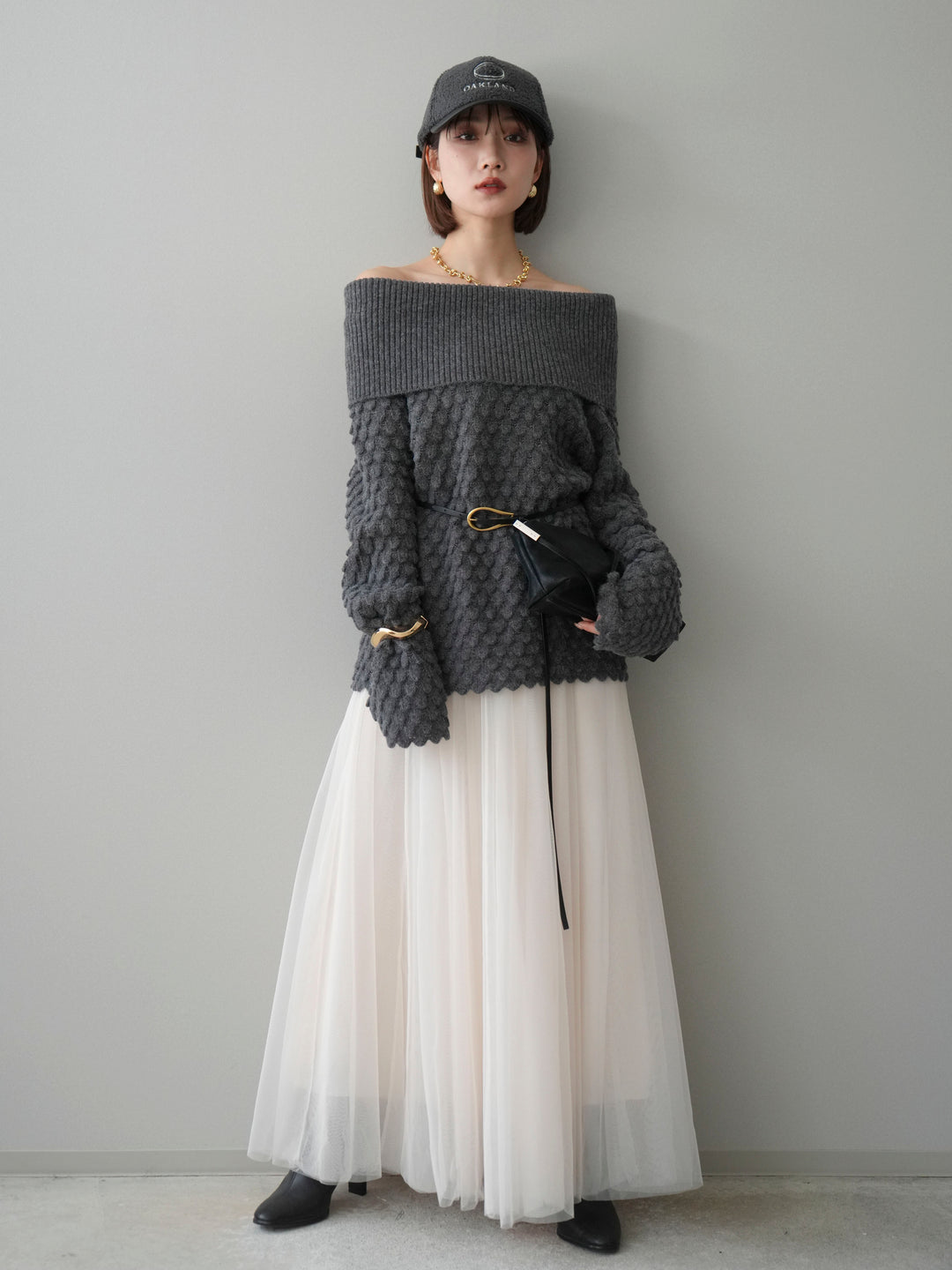 [SET]ポコポコ編みオフショルニットプルオーバー+チュールボリュームスカート(2set)