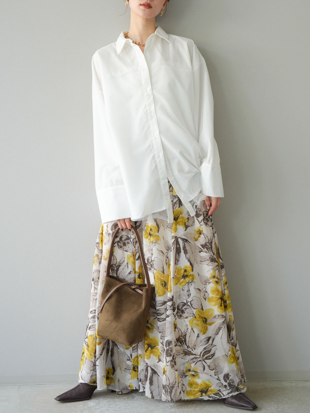[予約]フラワープリントボリュームフレアスカート/イエロー