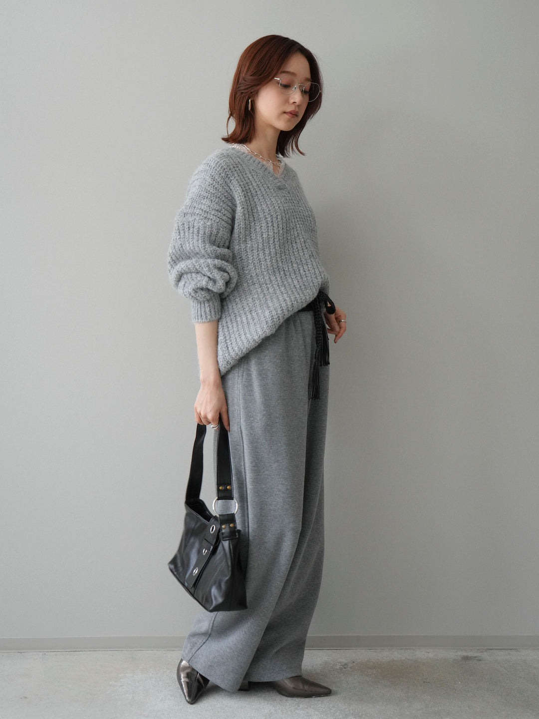 [SET]Vネックレースニットプルオーバー+編み込みベルト付きウエスト配色スエットパンツ(2set)