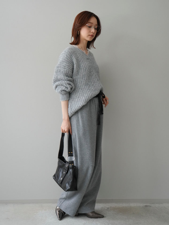 [SET]Vネックレースニットプルオーバー+編み込みベルト付きウエスト配色スエットパンツ(2set)