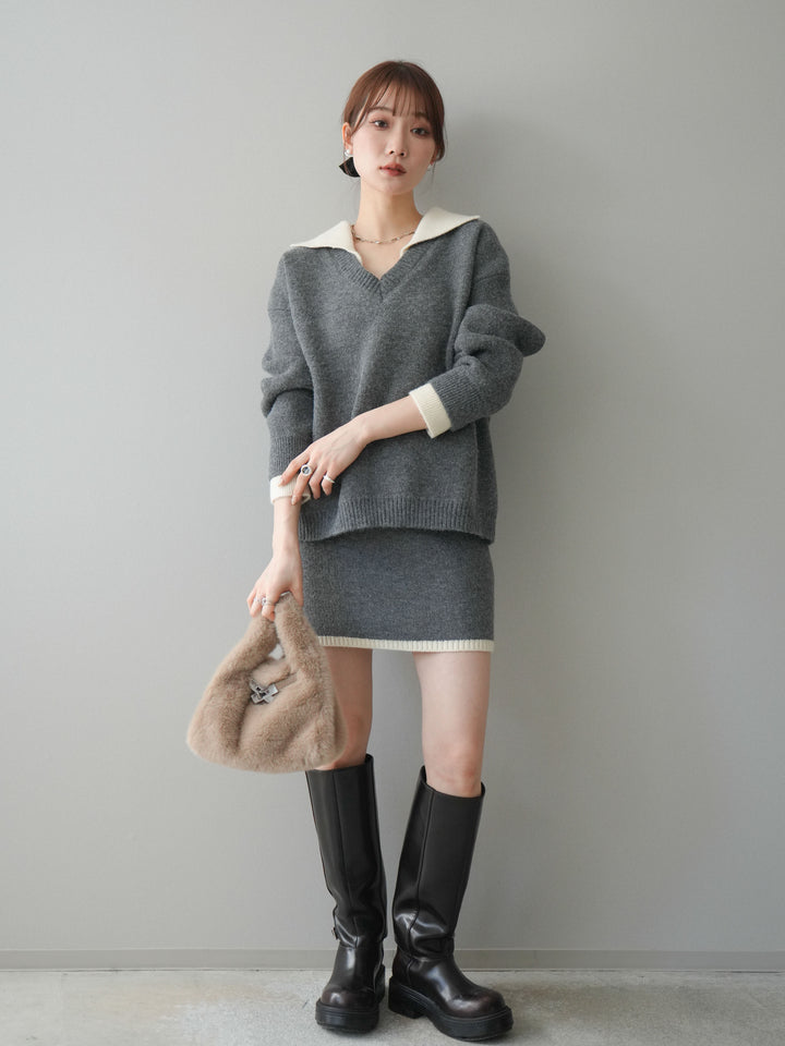 [SET]配色襟ニット＆ミニスカートSET UP(2set)