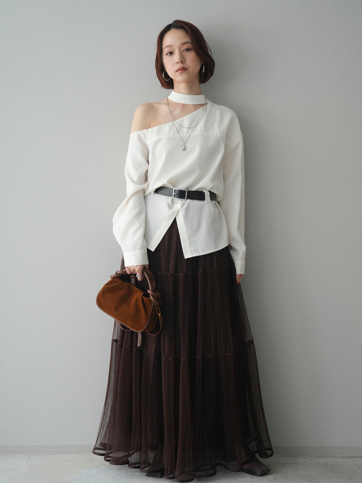 [SET]ベルト付ワンショルダースリットブラウス+ラメプリーツレイヤードチュールロングスカート(2set)