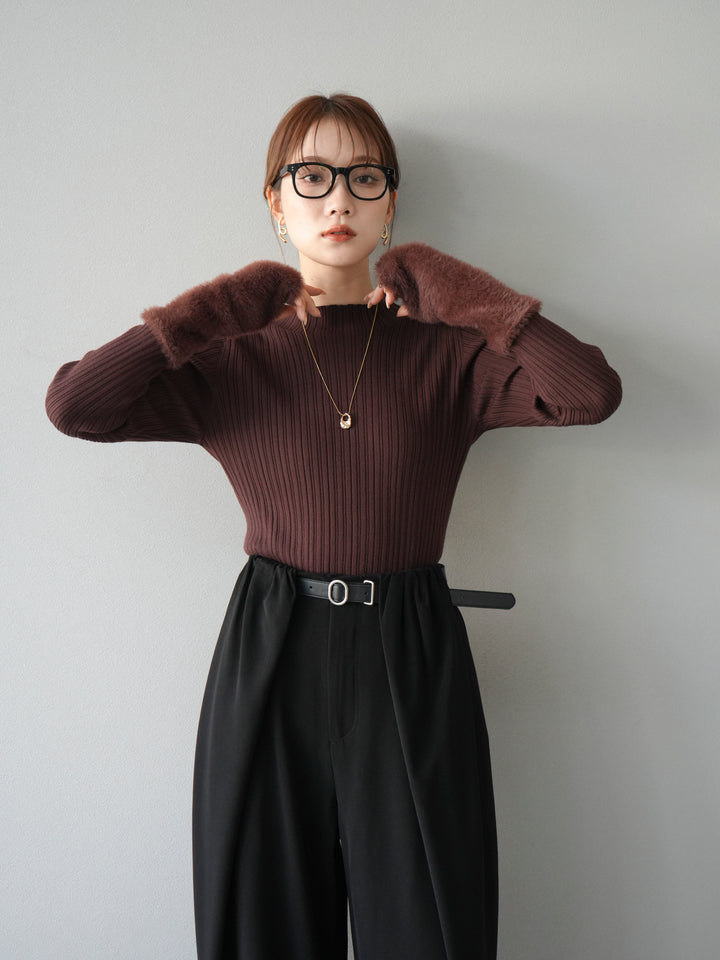 [予約]アームシャギーランダムリブニットトップス/ブラウン