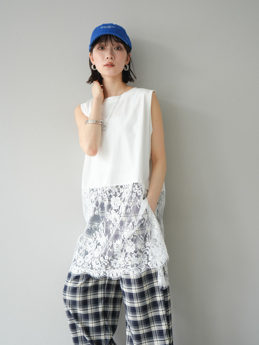 [予約]レース切替ノースリトップス/ホワイト