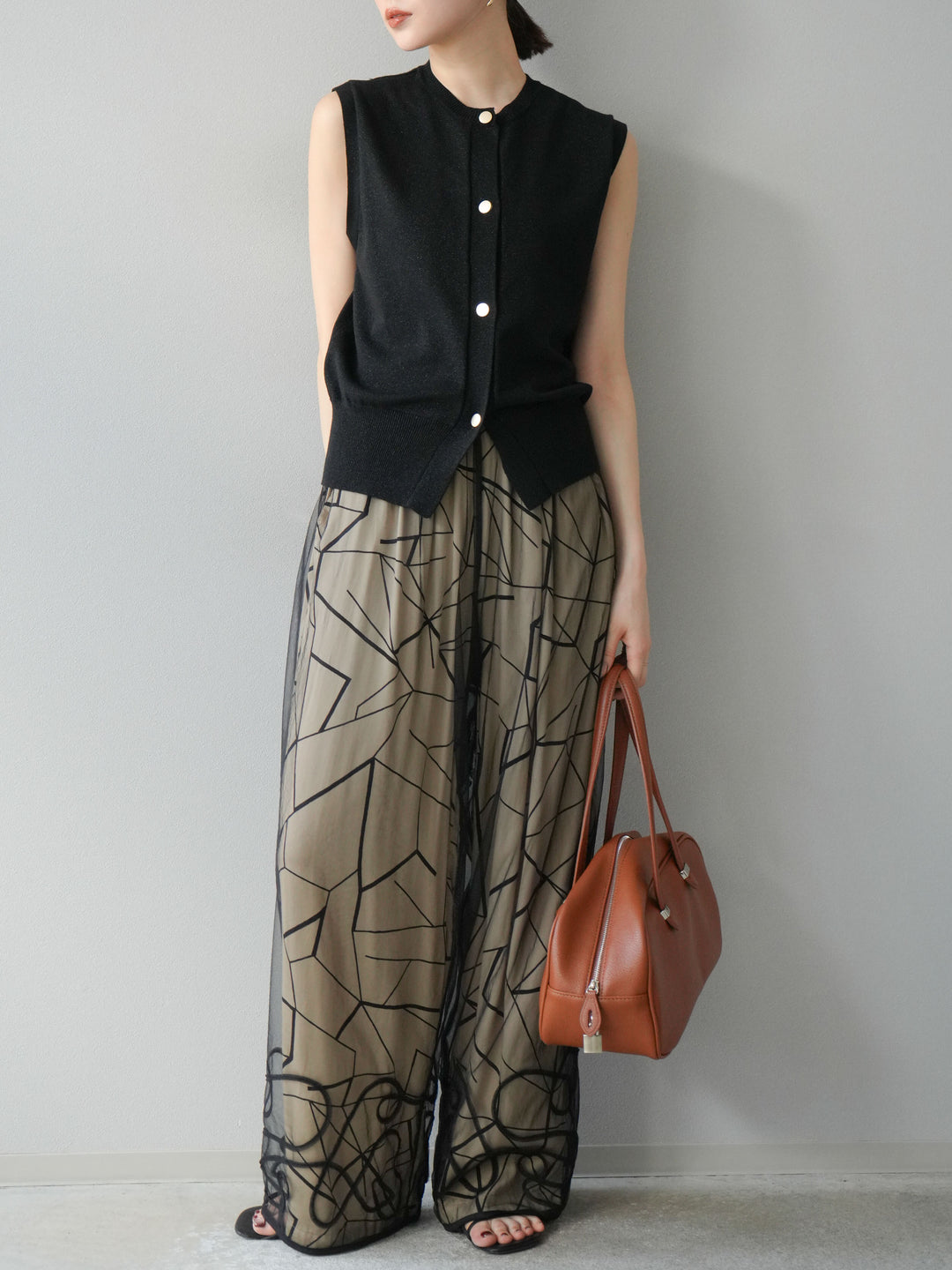 [予約]ビスコースサテンプリントタックイージーパンツ/ベージュ