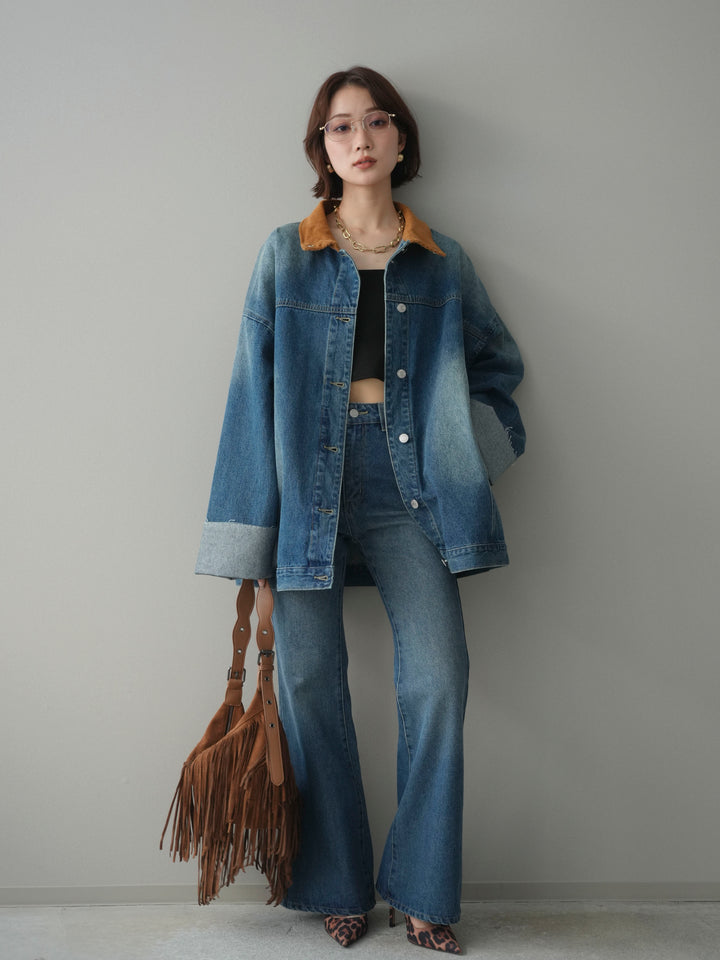 [SET]コーデュロイ×デニムミドルジャケット+フレアデニムパンツ(2set)