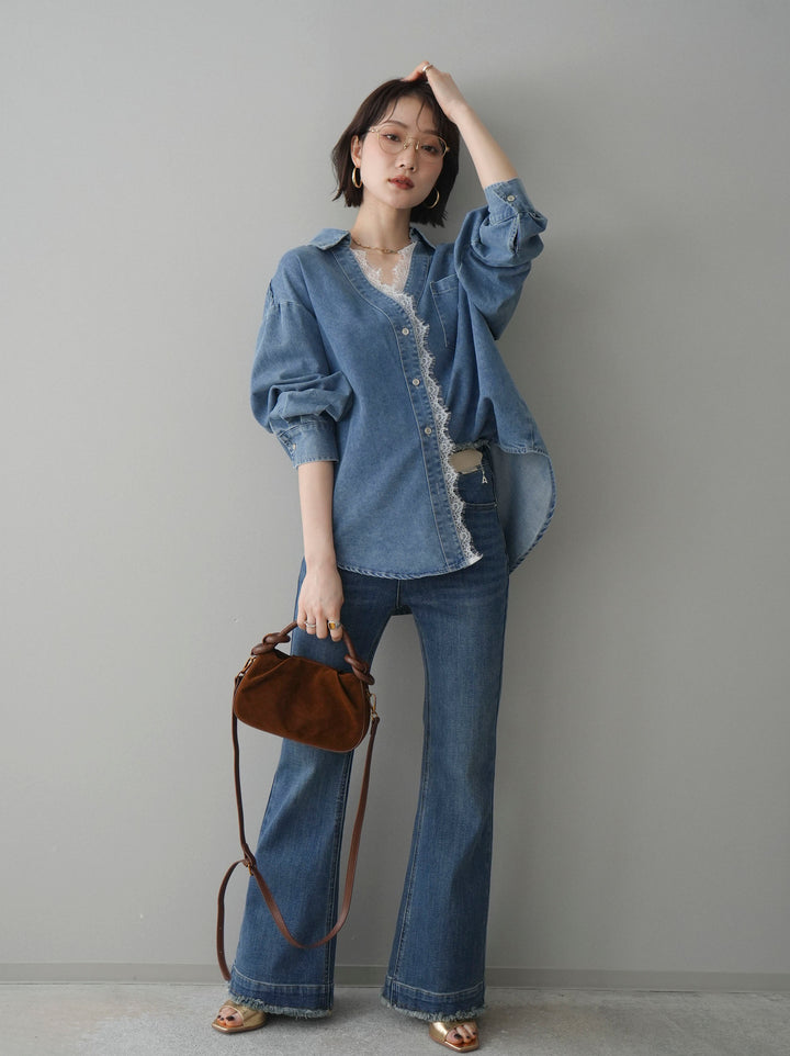 [SET]レースレイヤードデニム開襟シャツ+フリンジデザインセミフレアデニム(2set)