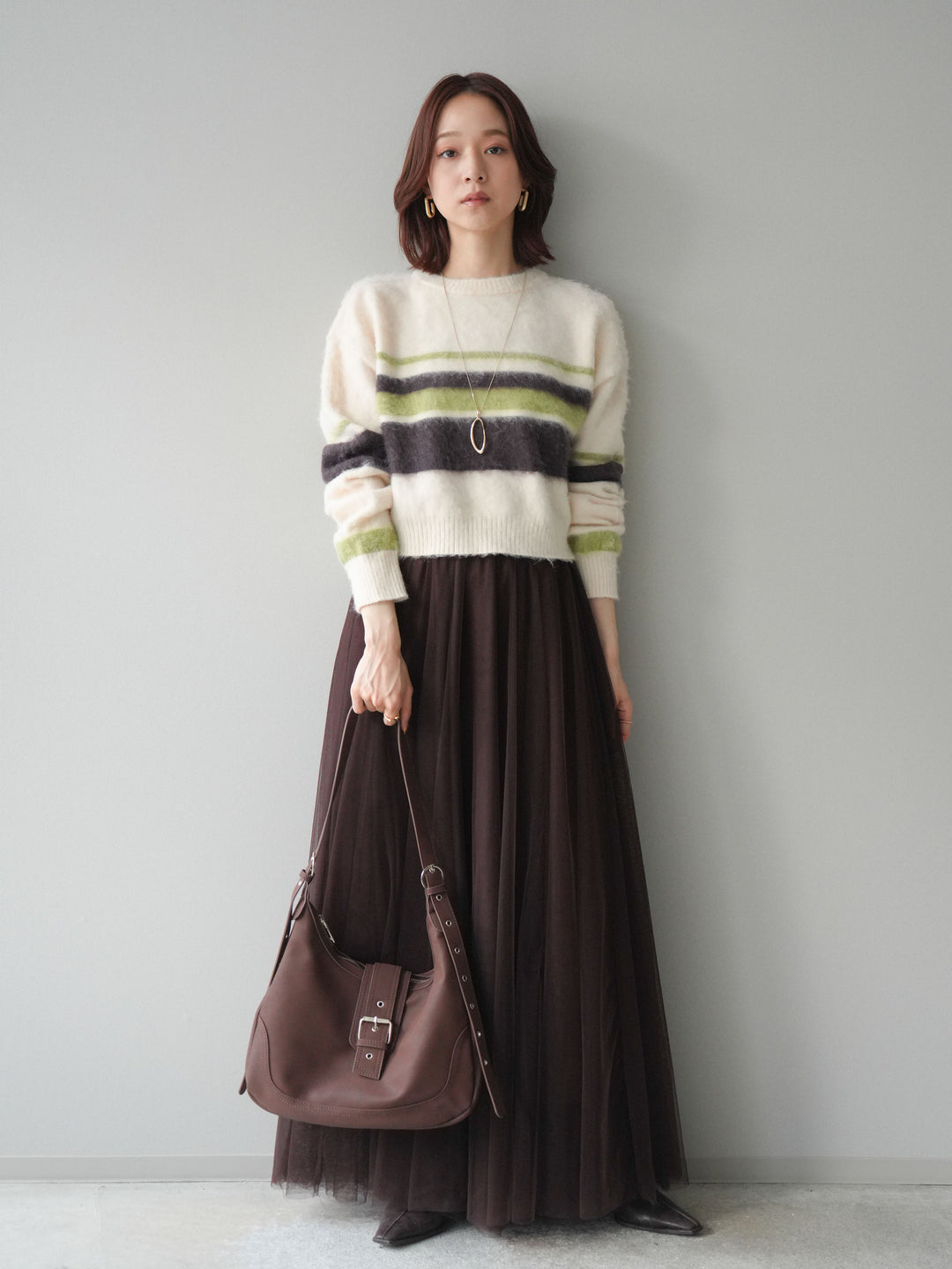 [SET]ソフトタッチボーダークロップドニットプルオーバー+チュールボリュームスカート(2set)