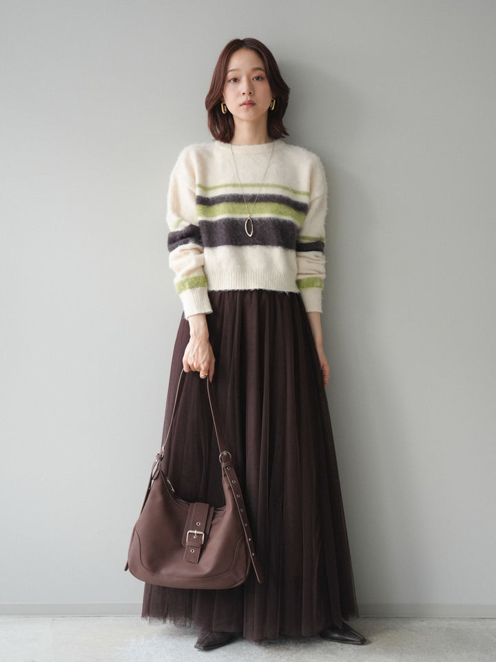 [SET]ソフトタッチボーダークロップドニットプルオーバー+チュールボリュームスカート(2set)
