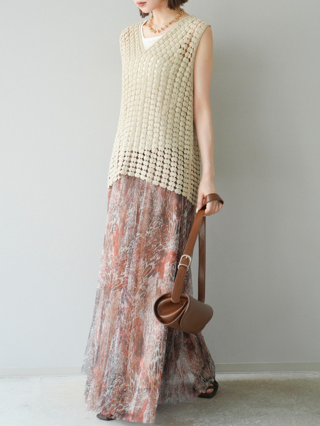 [予約]ニュアンス柄チュールレイヤードプリーツスカート/ブラウン