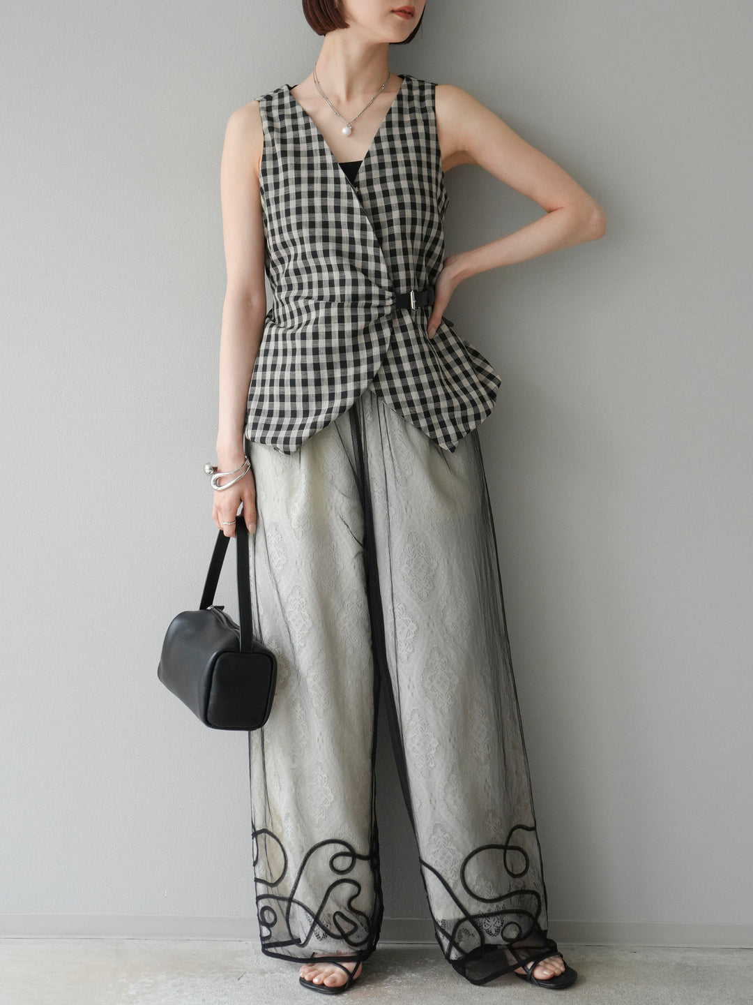 [予約]ベルトデザインバルーンブラウス/チェック