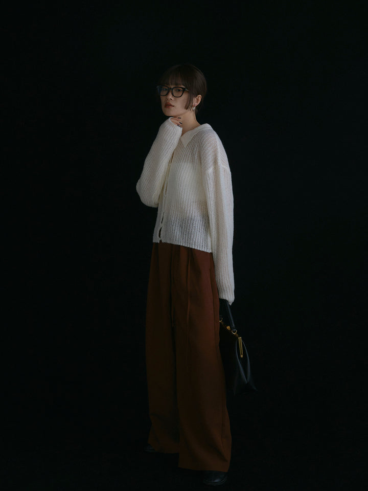 【Allure】[SET]起毛片畦編みシアーポロニット+ラップデザインタックワイドパンツ(2set)