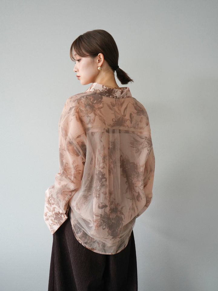 [予約]チュールドッキングフラワー柄オーバーサイズシャツ/ブラウン