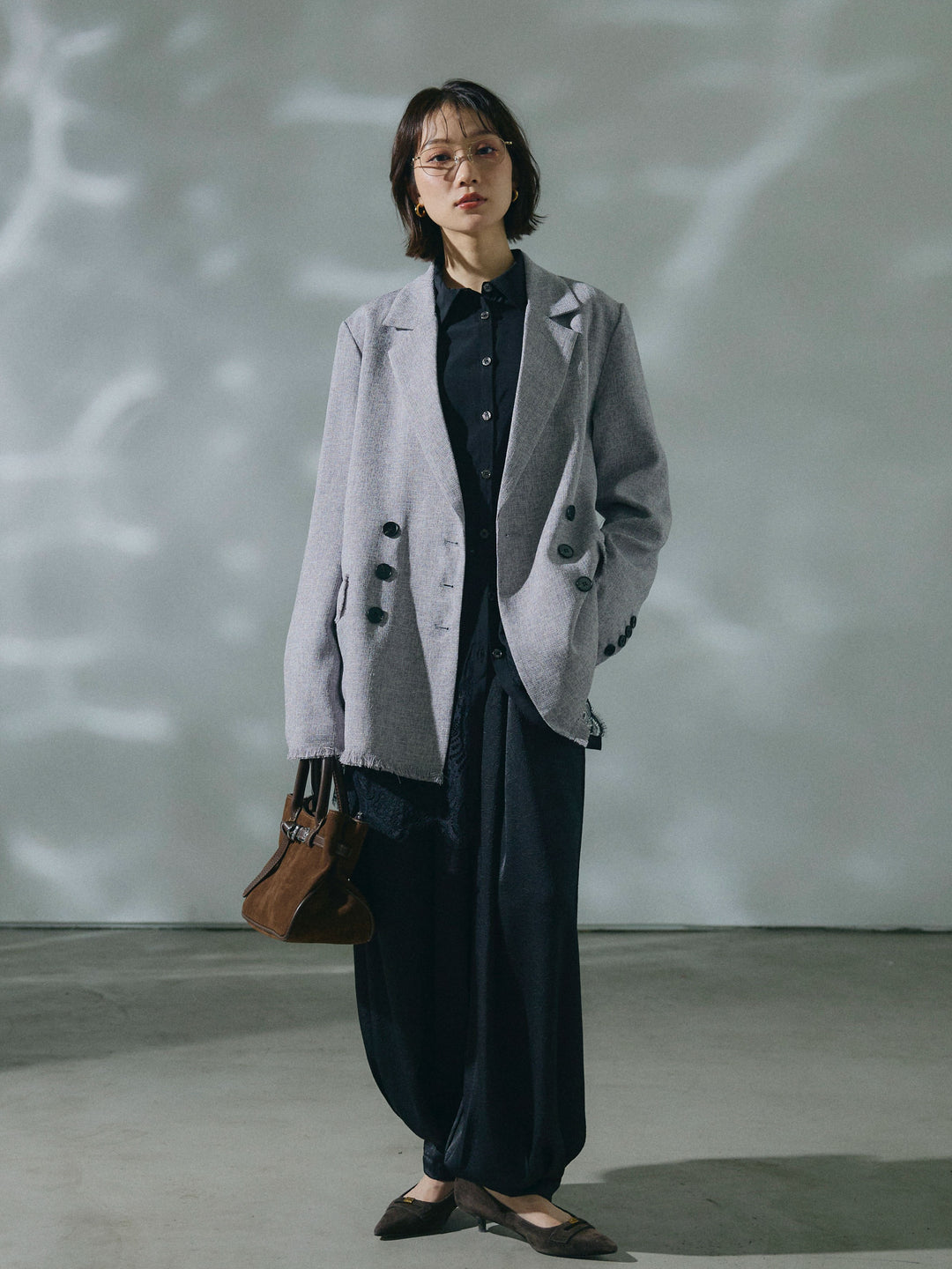 【Allure】[SET]スラブツイードフリンジテーラージャケット+ワッシャーサテンタックジョガーパンツ(2set)