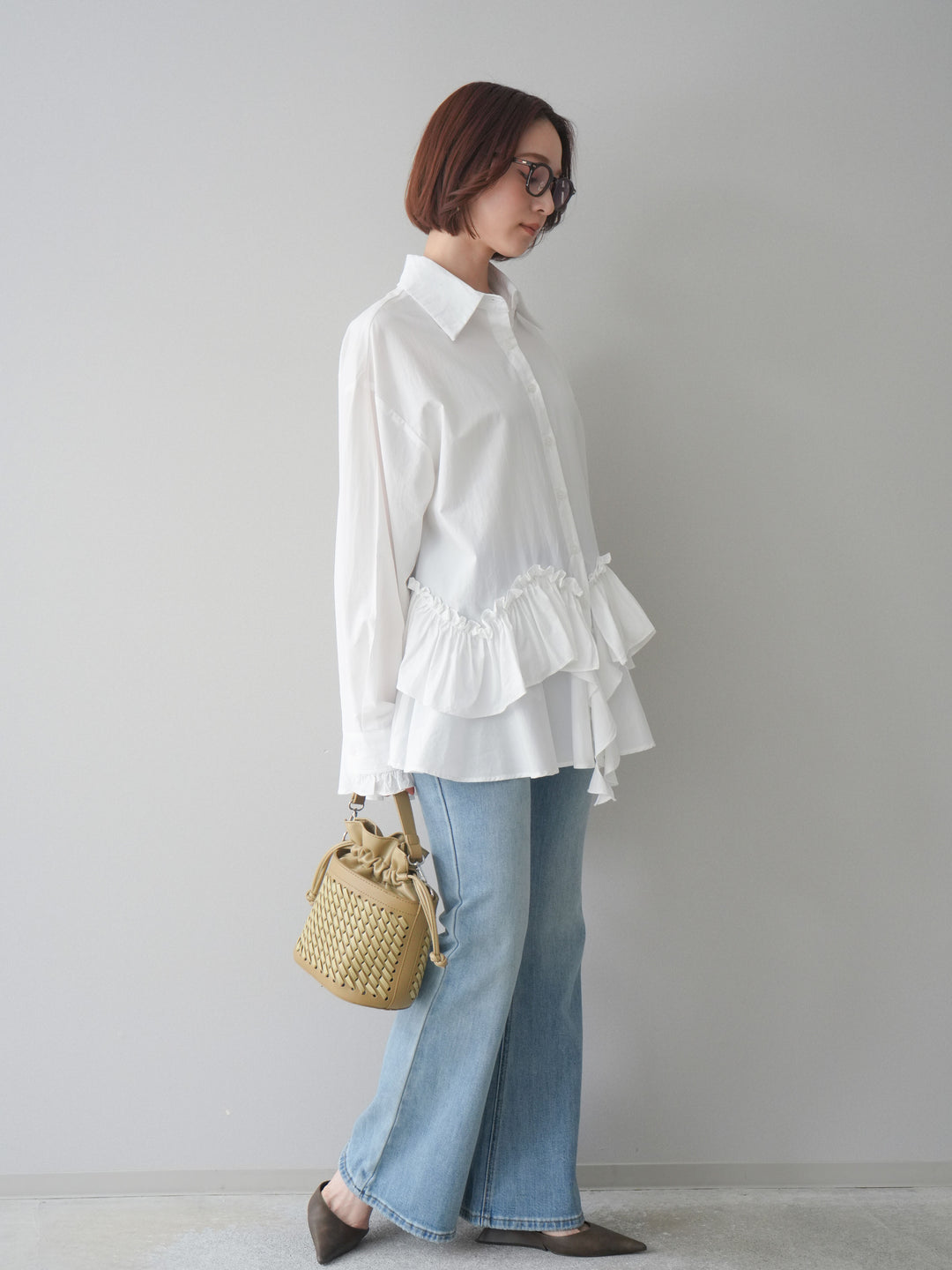 [SET]ラッフルデザインティアードブラウス+ハイウエストフレアデニムパンツ(2set)