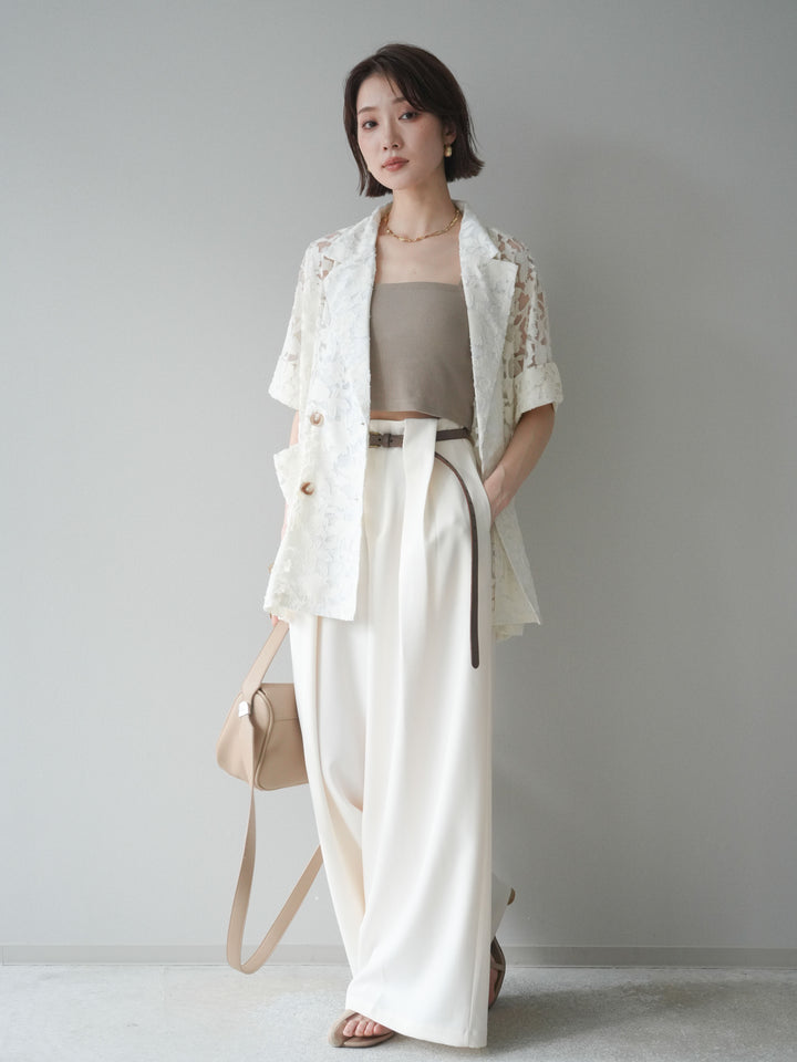 【套裝】花朵蕾絲短袖外套+垂褶收腰帶環長褲（兩件套）