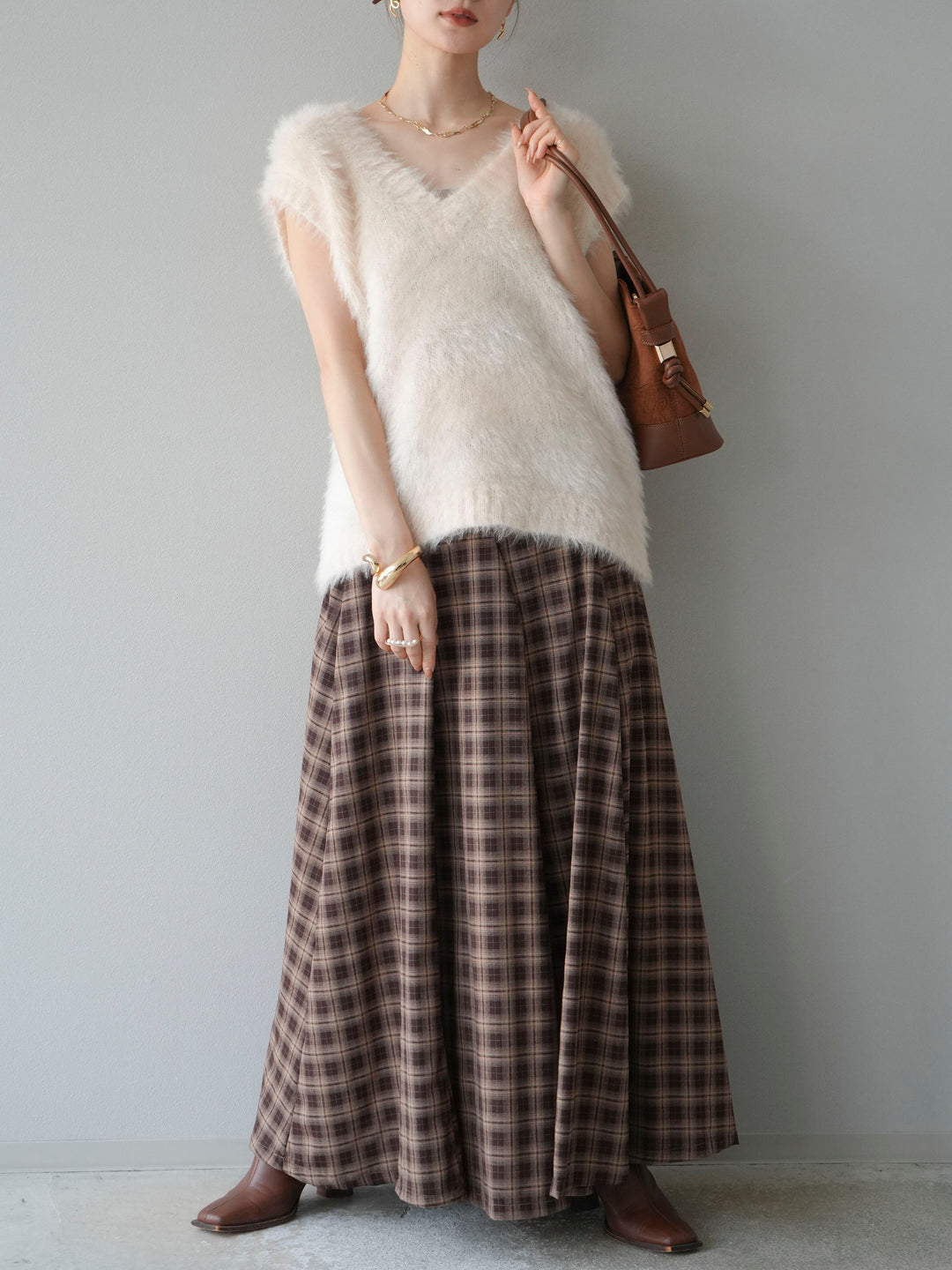 [予約]チェックタックフレアロングスカート/ ブラウン