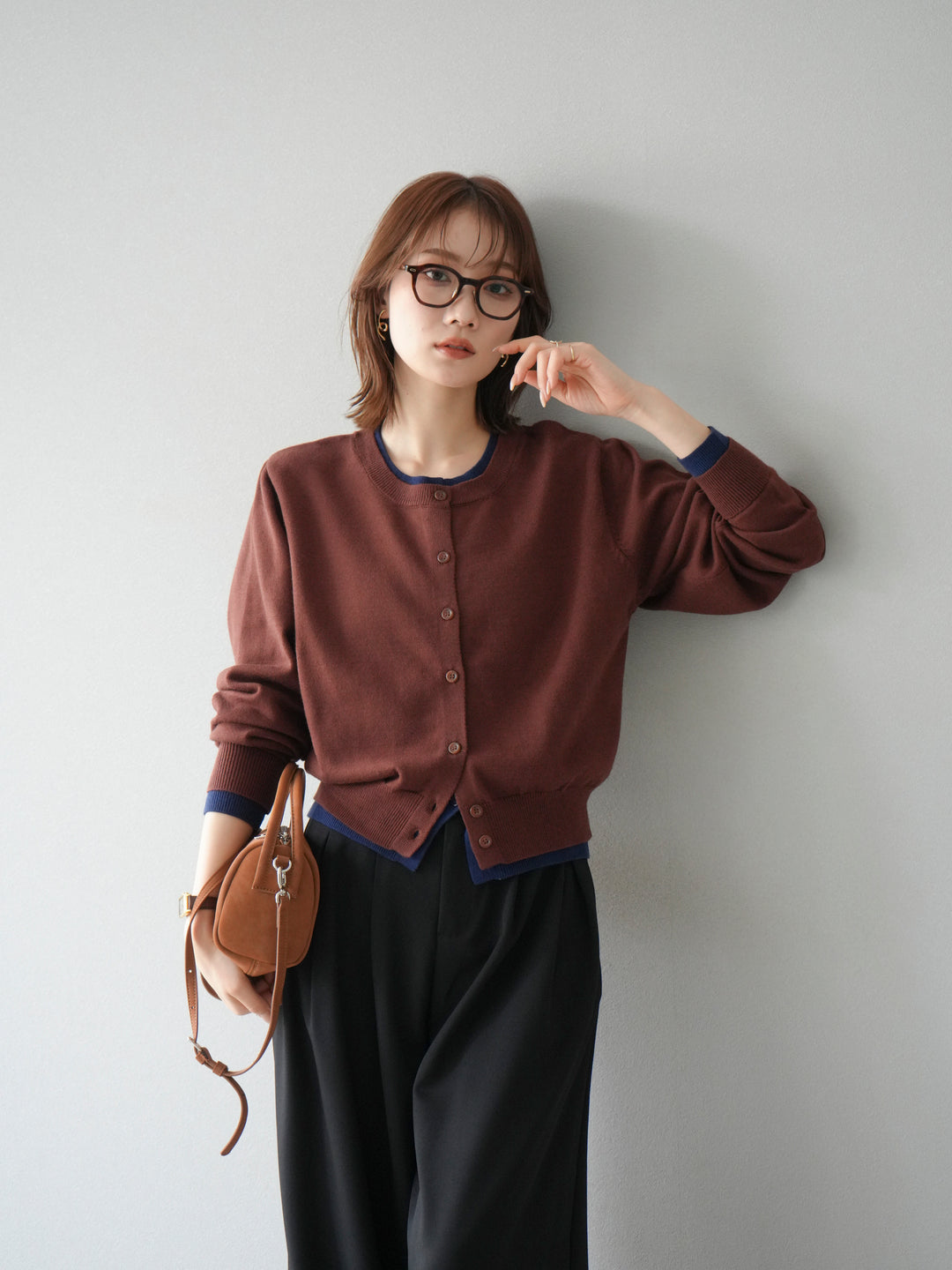 【預購】顏色協調的多層開襟衫/棕色