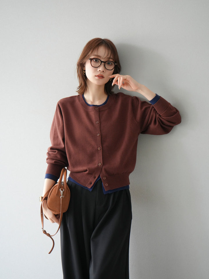 【預購】顏色協調的多層開襟衫/棕色