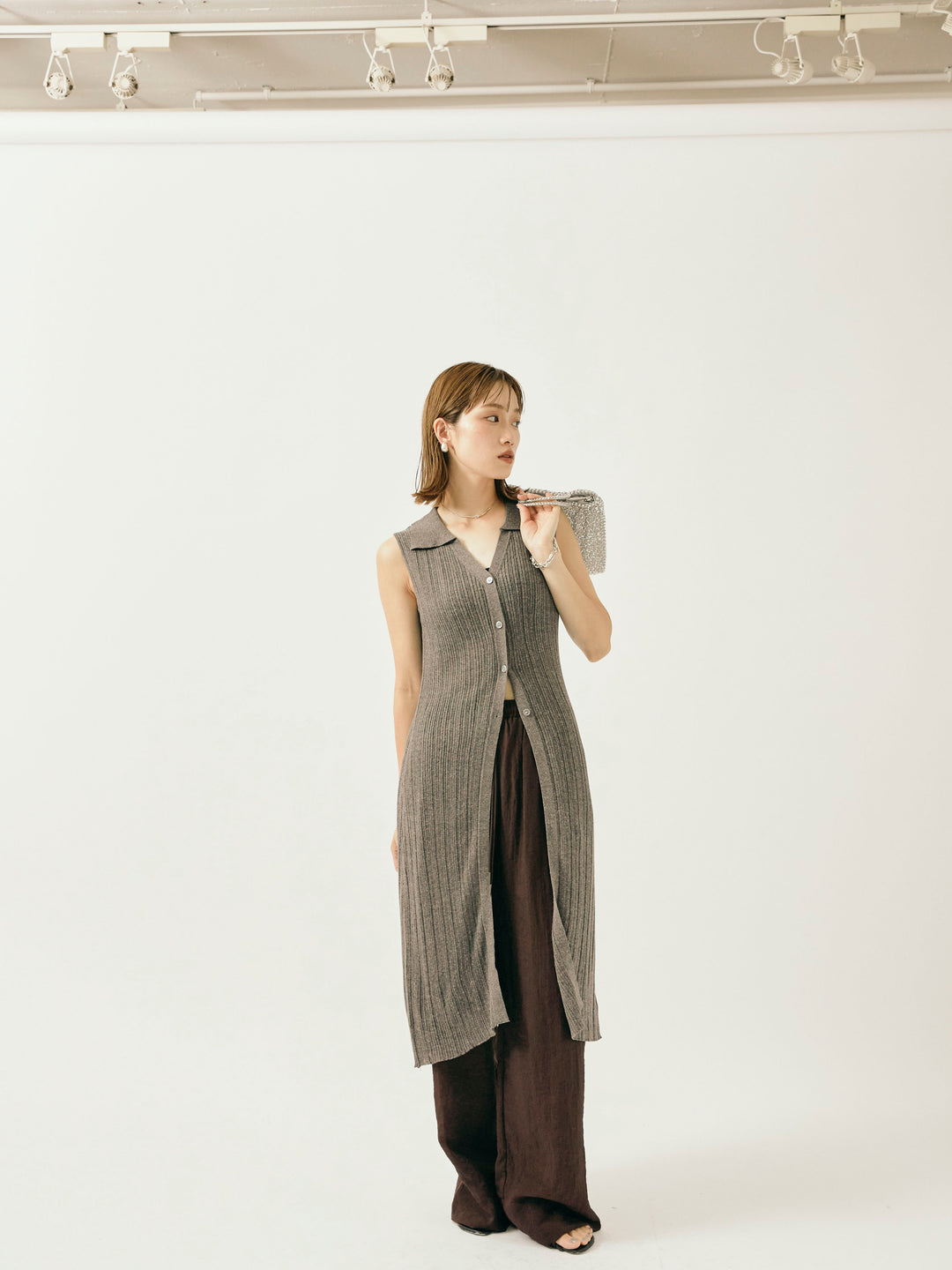 【Allure】[SET]襟付きランダムリブロングニットカーディガン+シャイニースラブシアーワイドパンツ(2set)