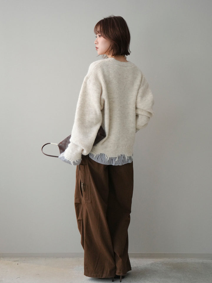 [SET]裾シャツレイヤードダメージニットプルオーバー+コットンタックループパンツ(2set)