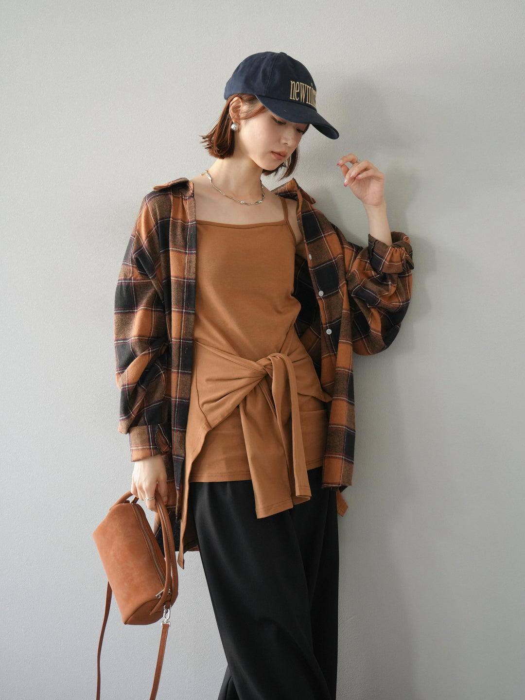 [予約]カップ付キャミ付チェックシャツチュニック/ブラウン