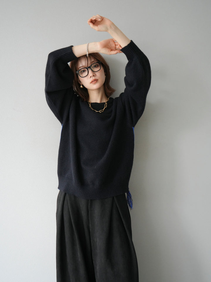 [予約]配色ステッチフリンジニットプルオーバー /ブラック
