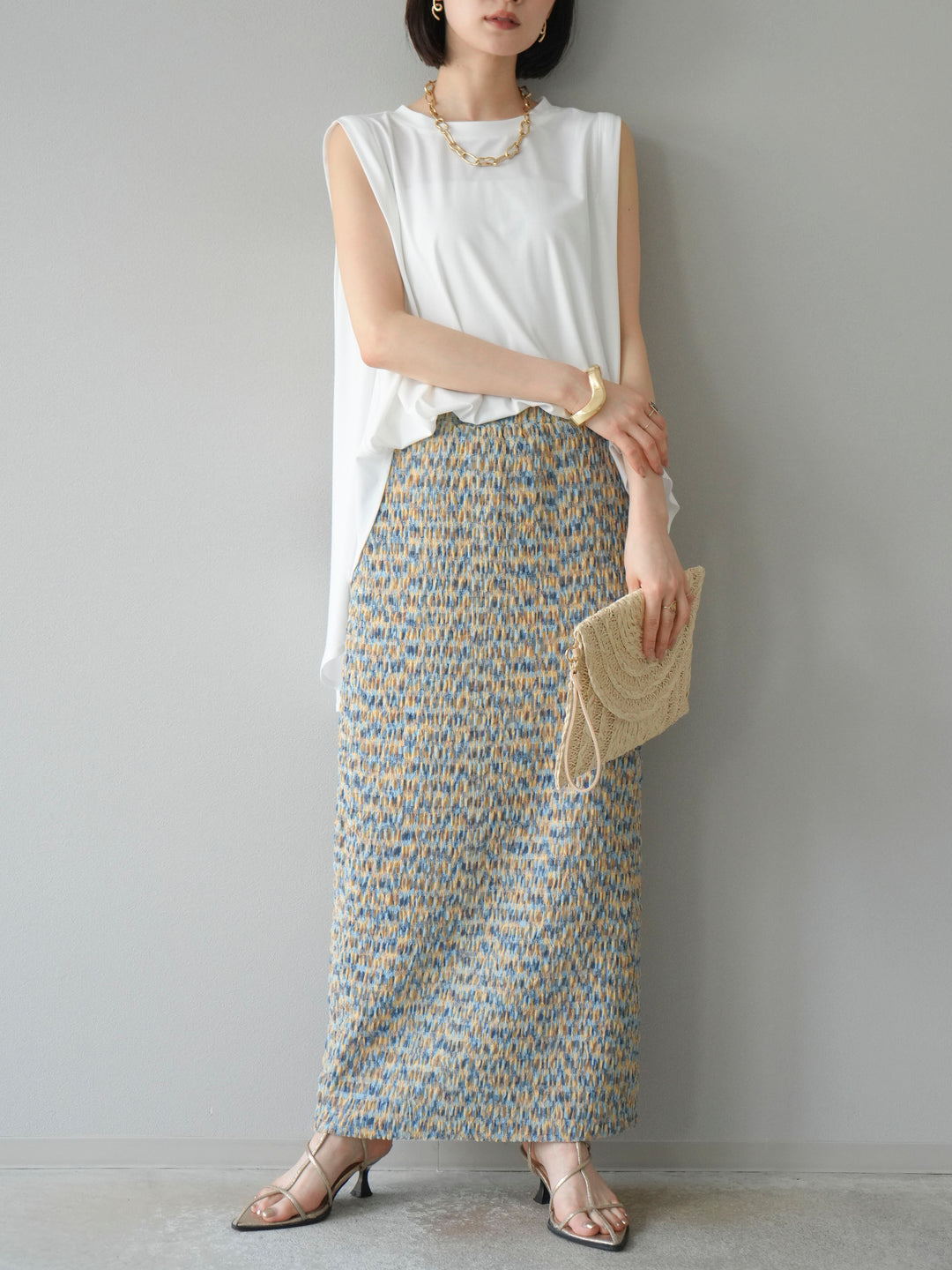 [予約]マルチカラーランダムプリーツタイトスカート/イエロー