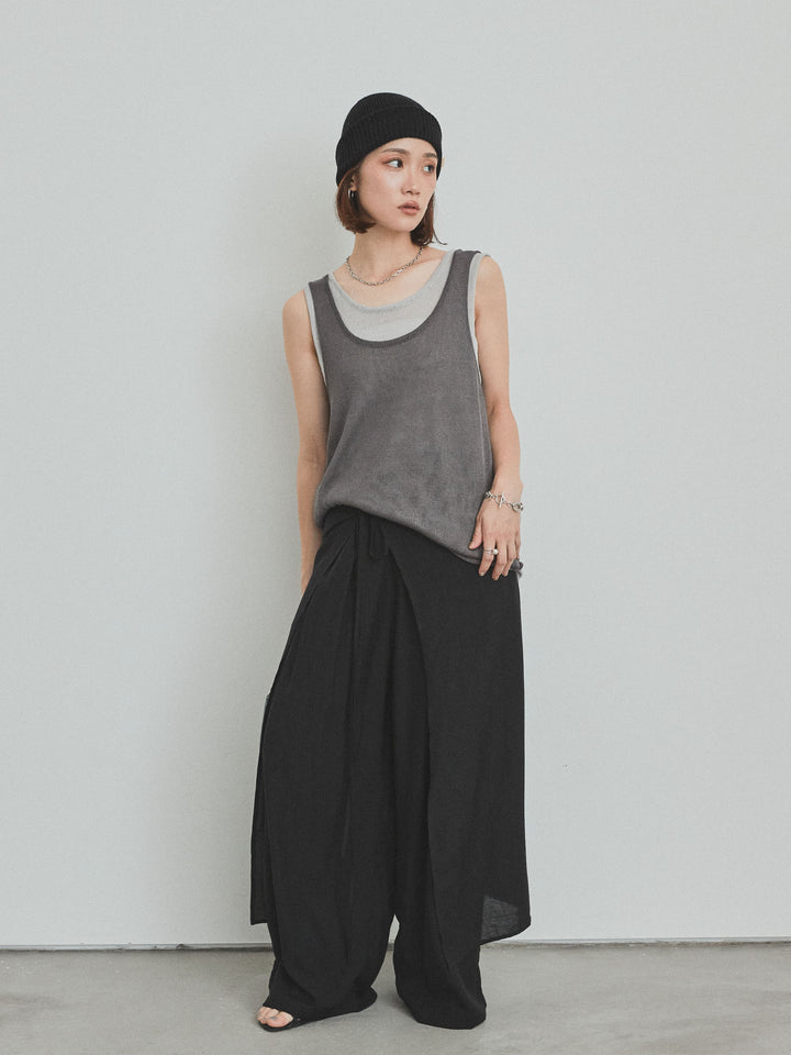 [SET]バイカラーレイヤードニットタンクトップ+ワッシャーサテンレイヤードスカートパンツ(2set)