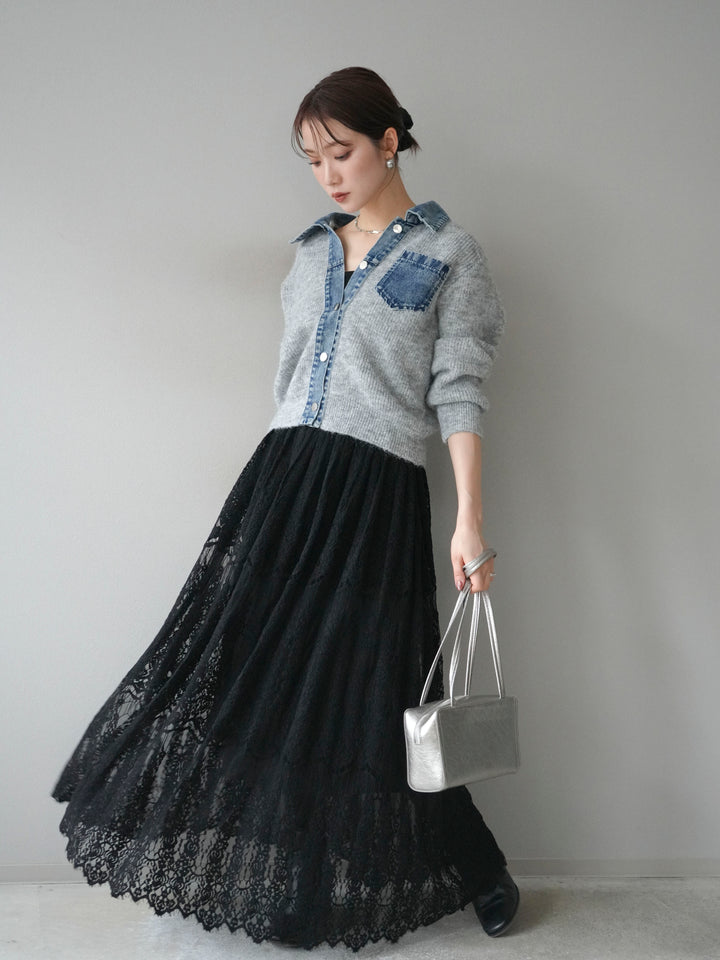 [予約]デニム襟ポケットニットカーディガン/gray