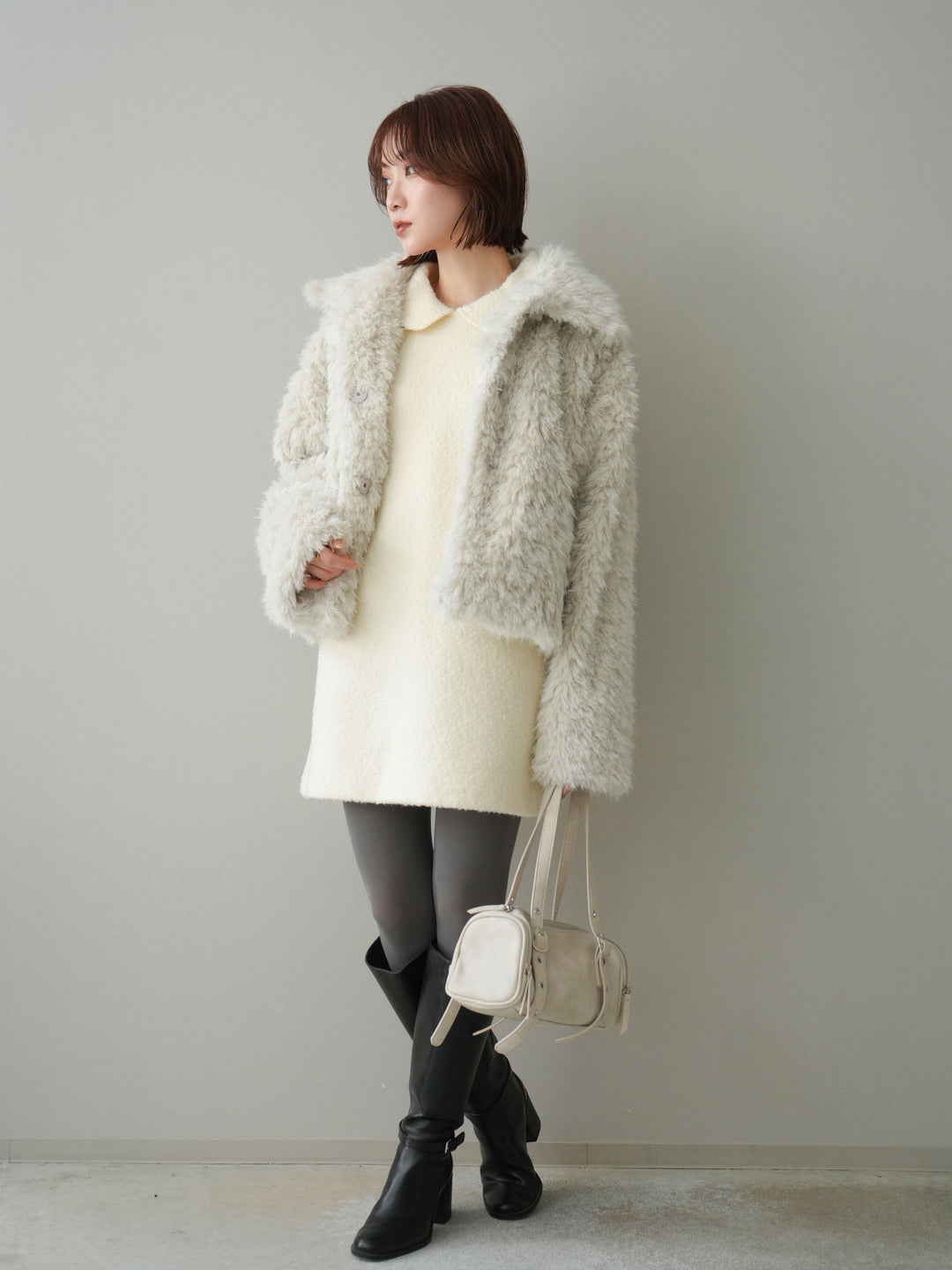 [予約]襟付きブークレミニワンピース/offwhite