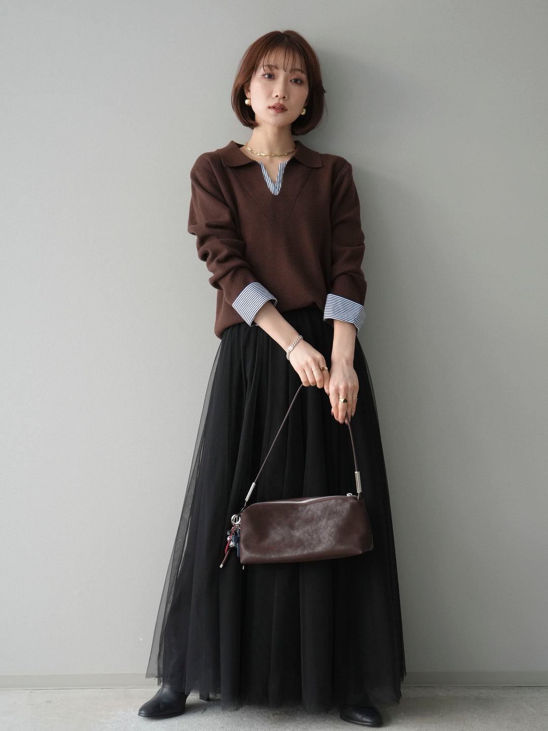 [予約]シャツレイヤードスキッパーニットプルオーバー/brown