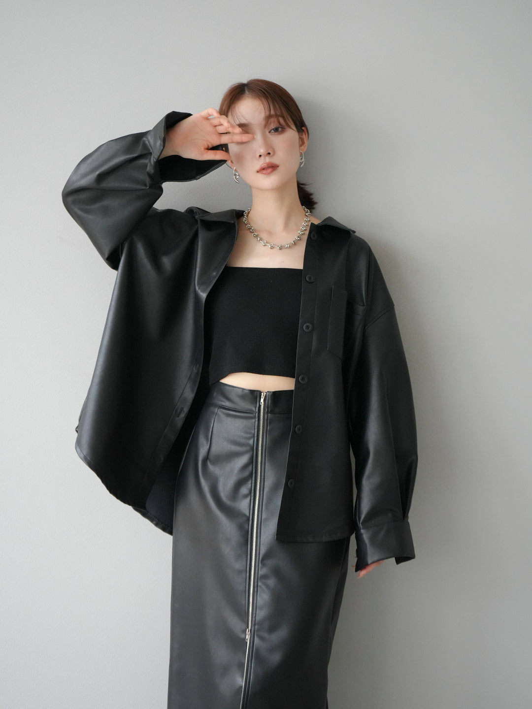 [予約]フェイクレザーシャツ/ブラック