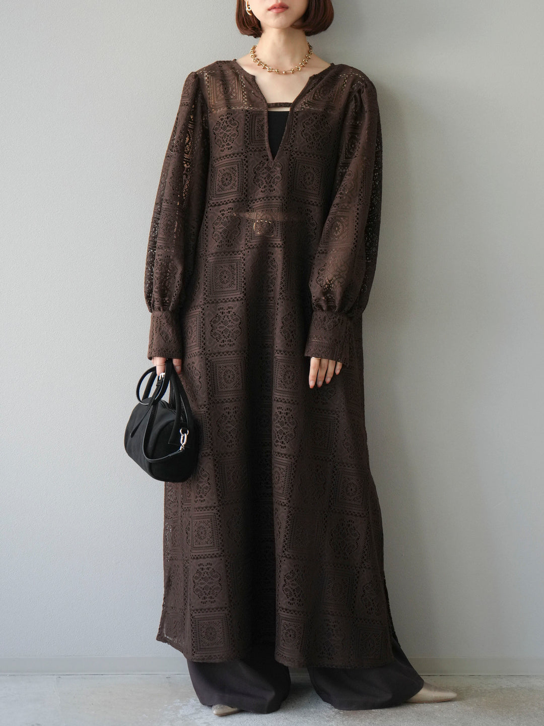 【預購】皮帶環設計寬褲/棕色