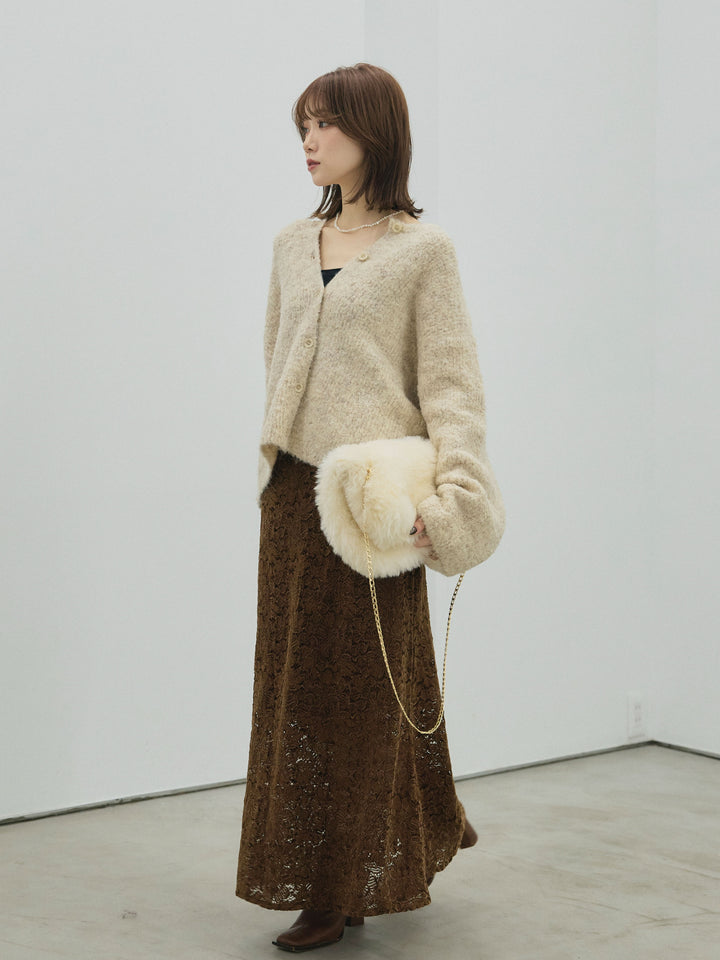 【Allure】[SET]ブークレニットカーディガン+起毛レースストレッチナロースカート(2set)
