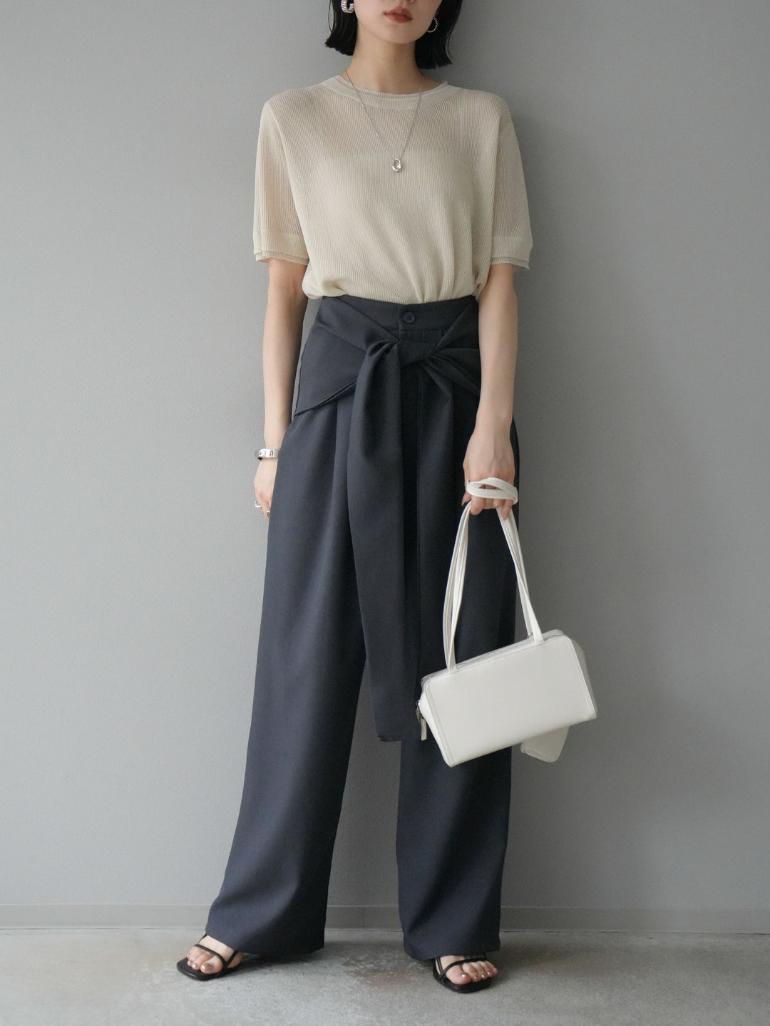 [SET]リネンタッチ配色二重臼ハーフニットトップス+ウエスト巻きデザインワイドパンツ(2set)
