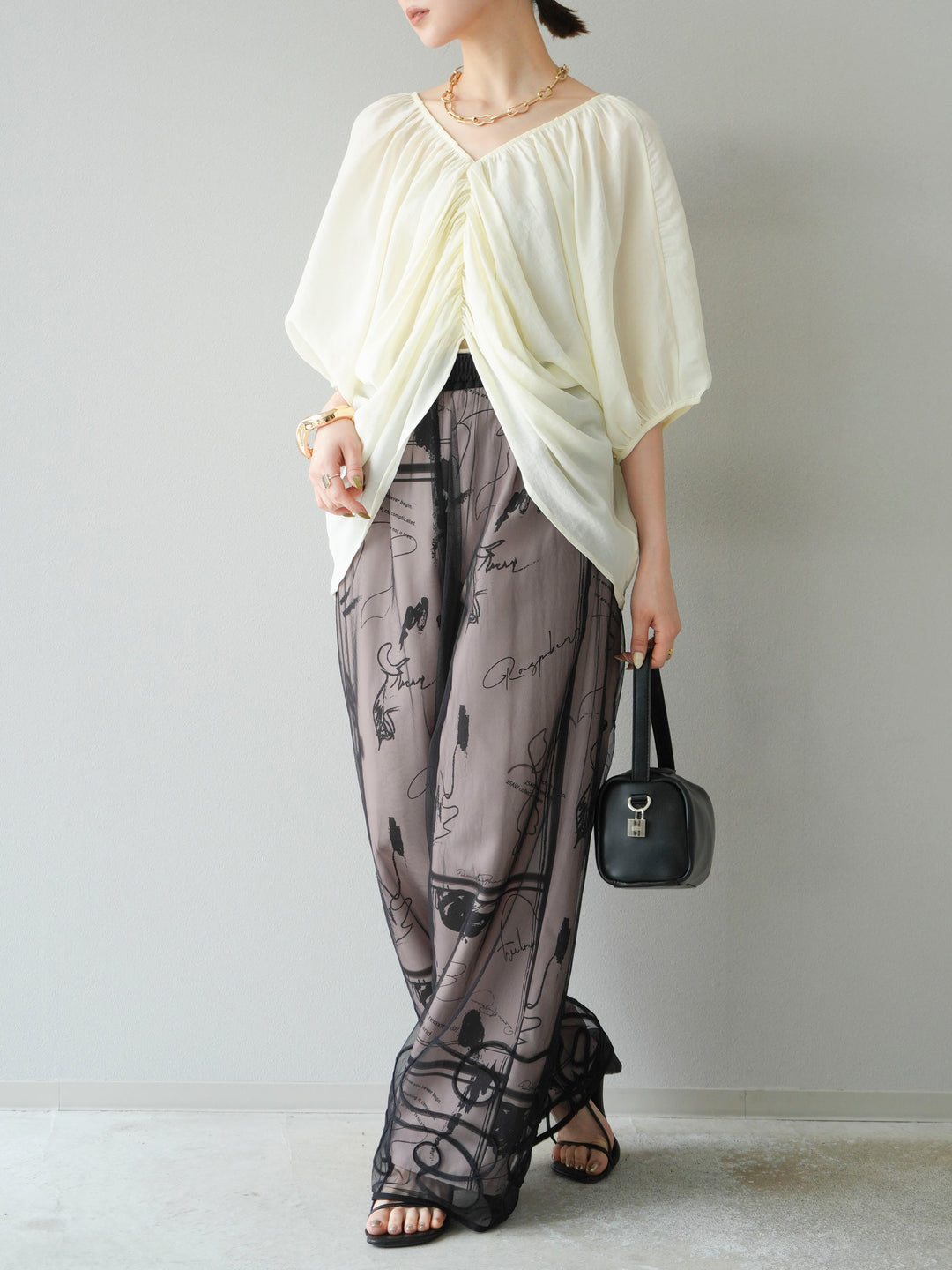 [SET]コード刺繍チュールレイヤードパンツ+ペイント柄タックパンツ(2set)